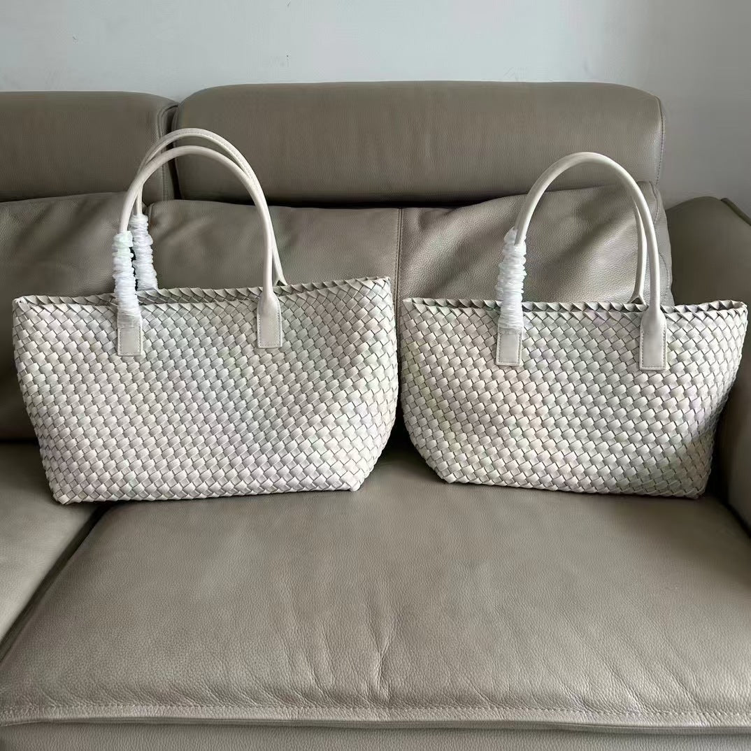 Premium Genuine Leather Woven Basket Tote Bag for Women | New Large-Capacity 2-in-1 Tote with Detachable Matching Pouch | Niche Designer Shoulder Handbag with Unique Artisan Woven Detail | Trendy Spacious Carryall for Work, Errands, Travel & Everyday