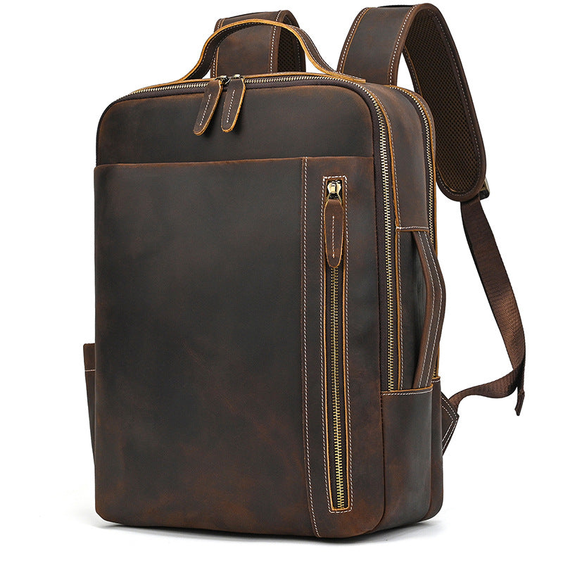Men's Crazy Horse Leather Backpack Vintage Travel Daypack for Women Students, Genuine Leather Casual Rucksack Large Capacity