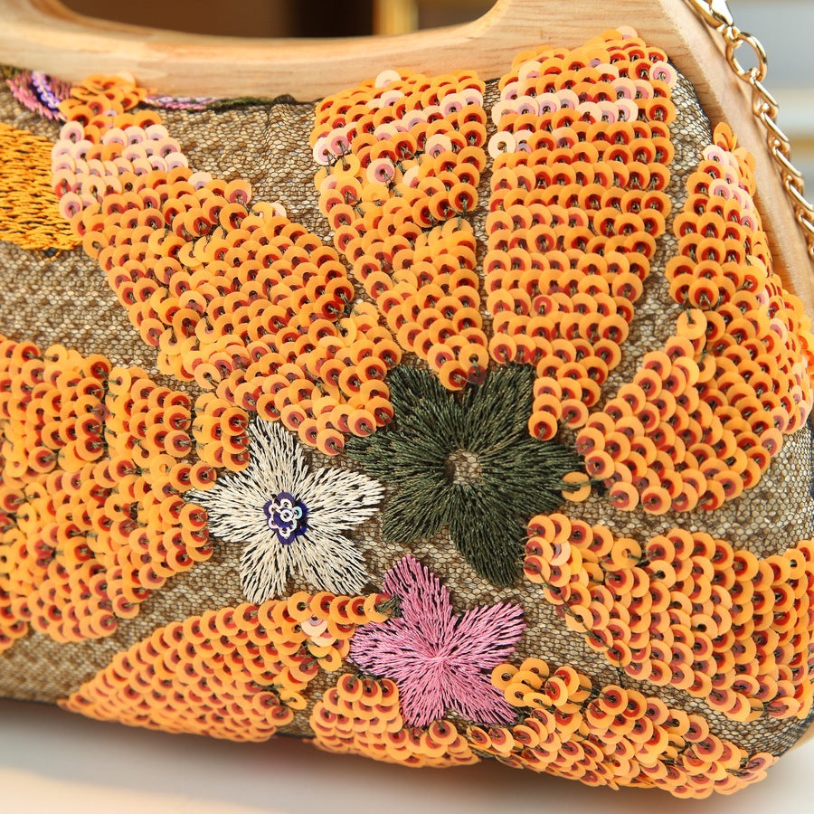 New Arrival Linen Sequin Mesh Embroidery Bag for Women, An Elegant Evening Clutch with Clasp Closure & Trendy Top-Handle Design