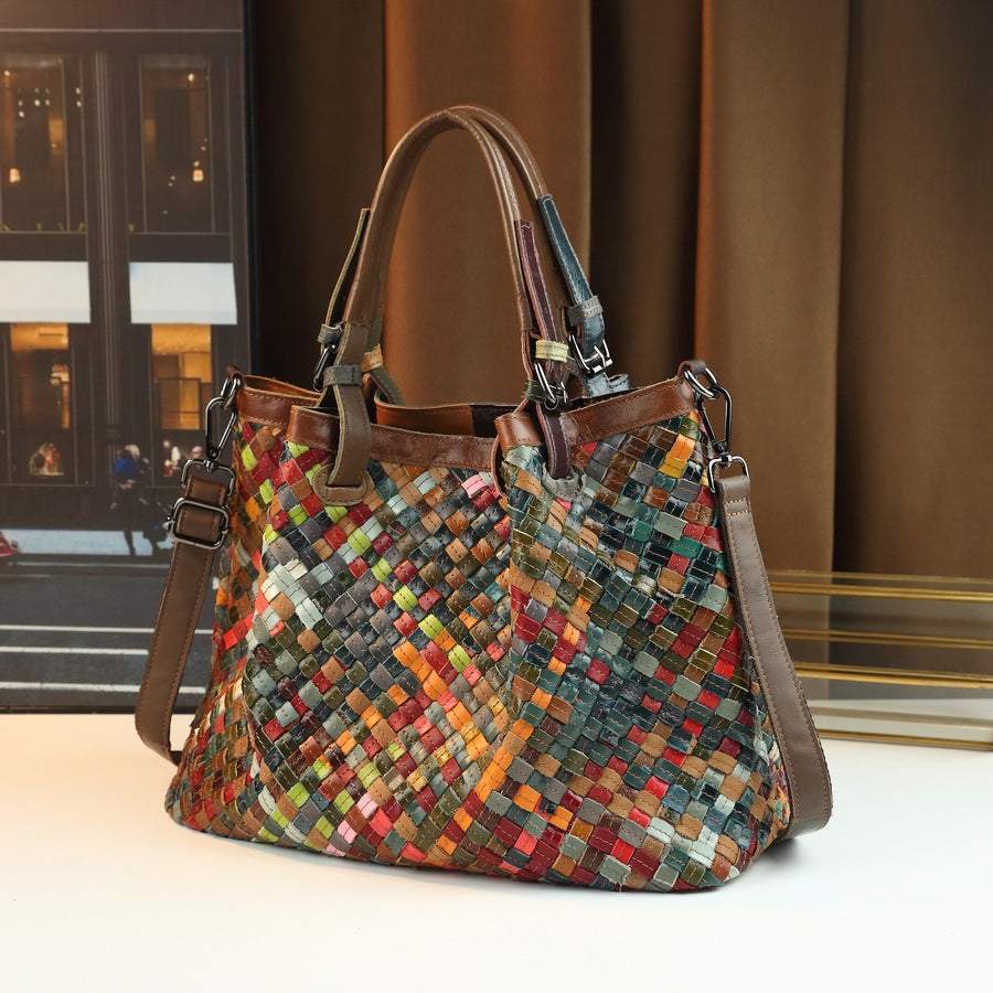 Genuine Leather Handwoven Colorful Patchwork Handbag for Women, Vintage Large Capacity Crossbody Purse, Casual Versatile Top Handle Shoulder Bag