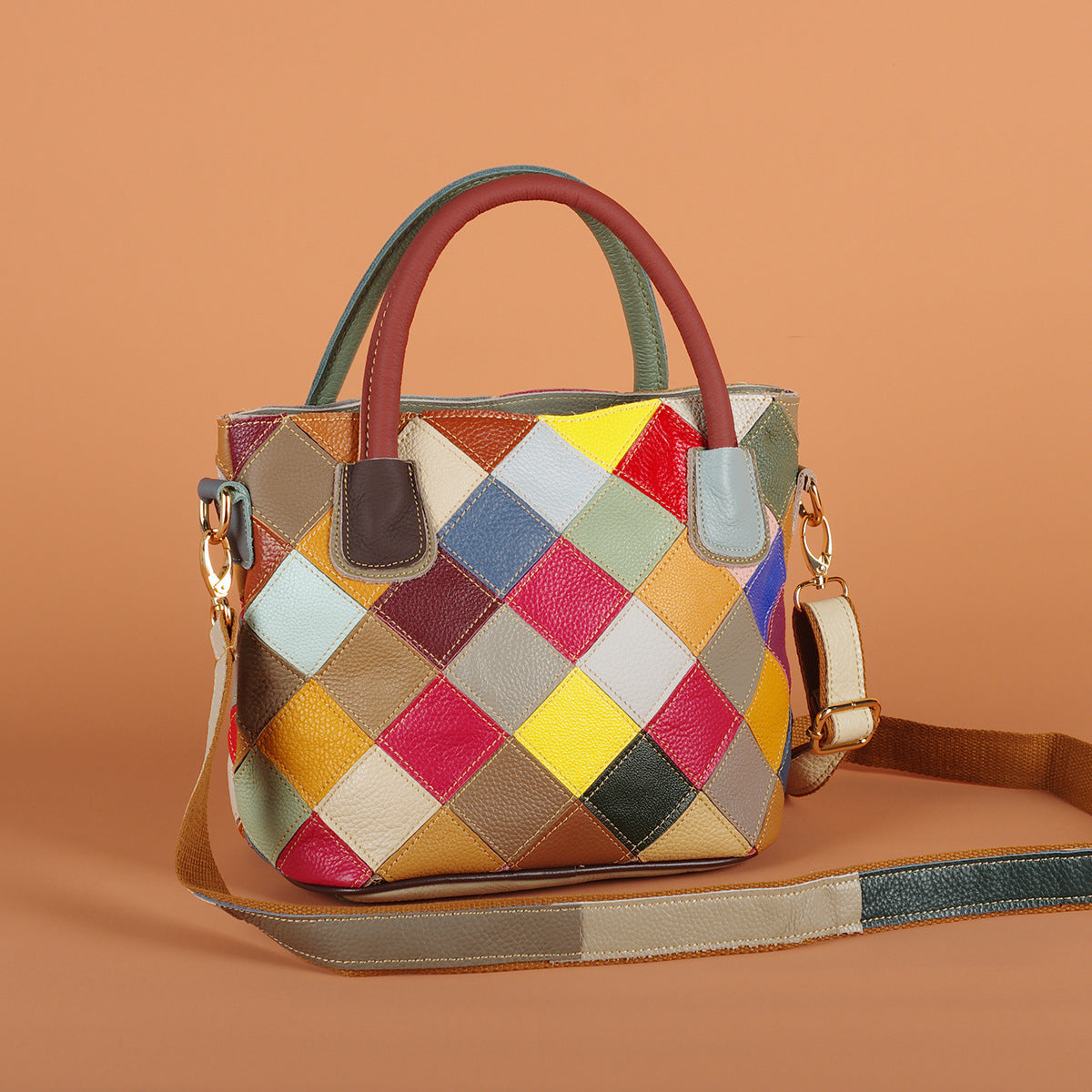 Genuine Leather Colorful Plaid Patchwork Handbag for Women, Ethnic Casual Shoulder Crossbody Top Handle Purse, Color Block Designer Bag for Ladies