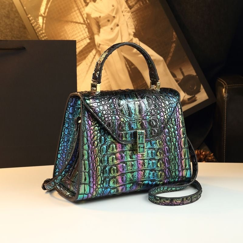New Arrival Iridescent Croc-Effect Genuine Leather Bag for Women, A Shoulder Crossbody Top-Handle Handbag with Versatile Design, Perfect for Moms
