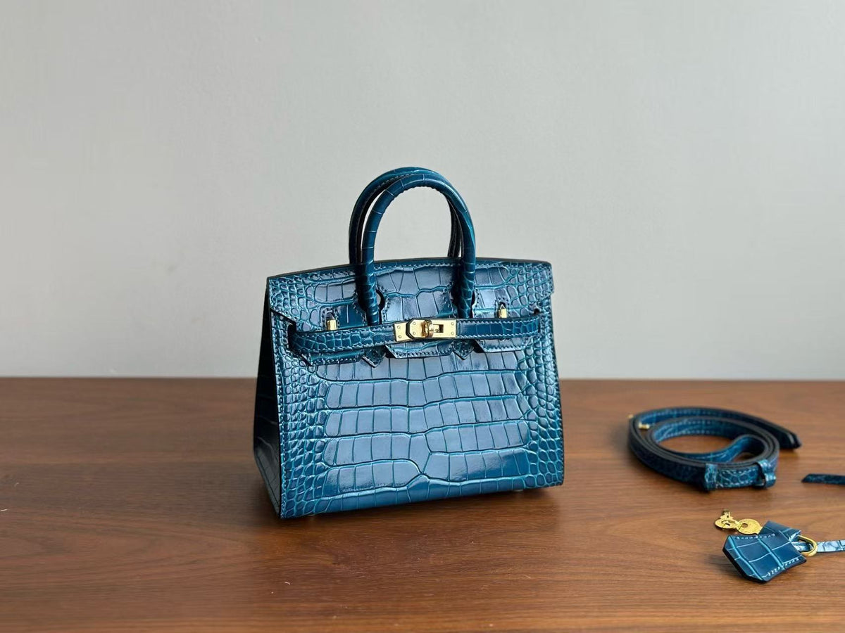 Genuine Top Layer Cowhide Matte Crocodile-Embossed Mini Birkin-Style Bag for Women, Semi-Handmade External Stitching Top Handle Purse, New Premium Handbag for Ladies