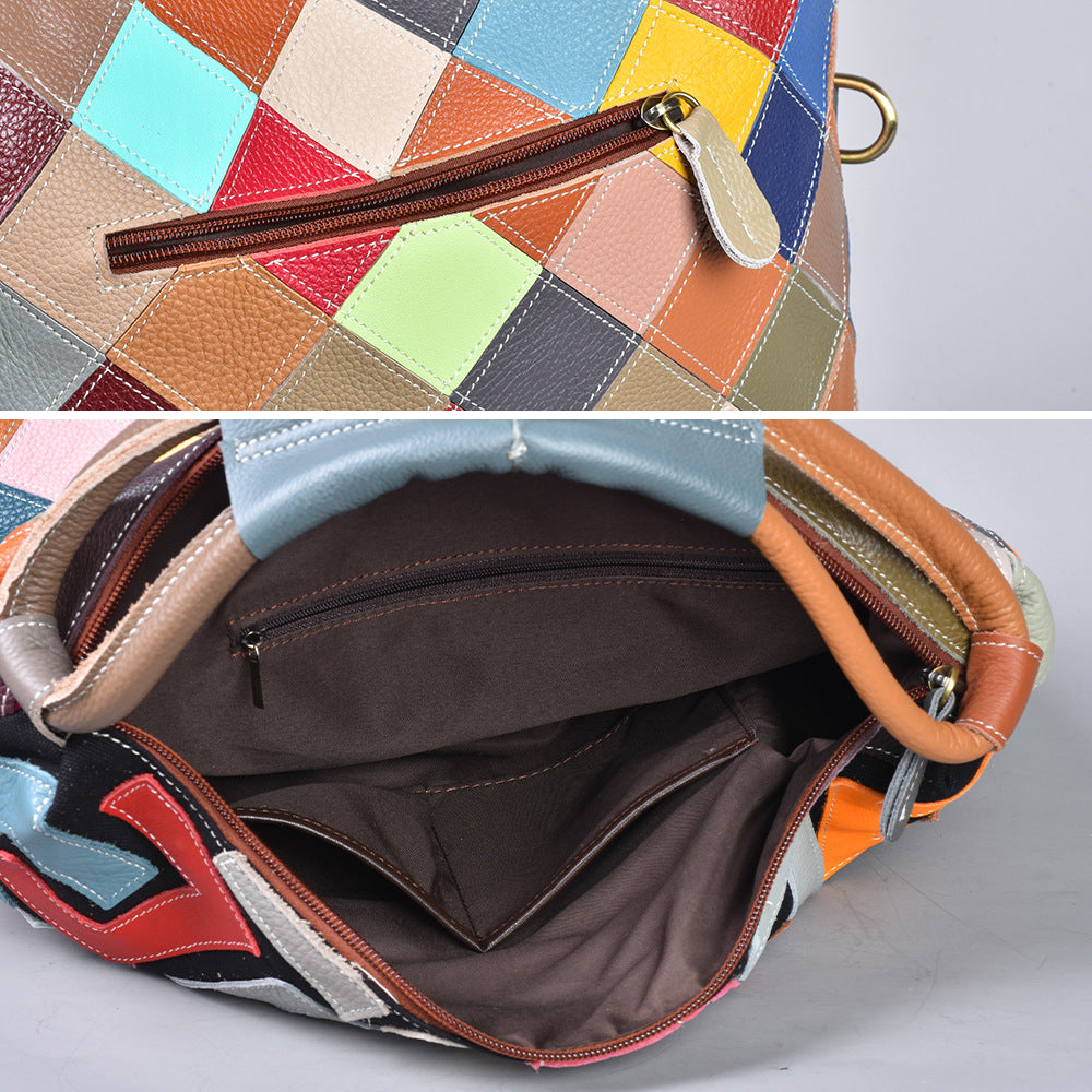 Genuine Leather Multicolor Patchwork Handbag for Women, Color Block Unique Design Casual Shoulder Purse, Versatile Everyday Bag for Ladies