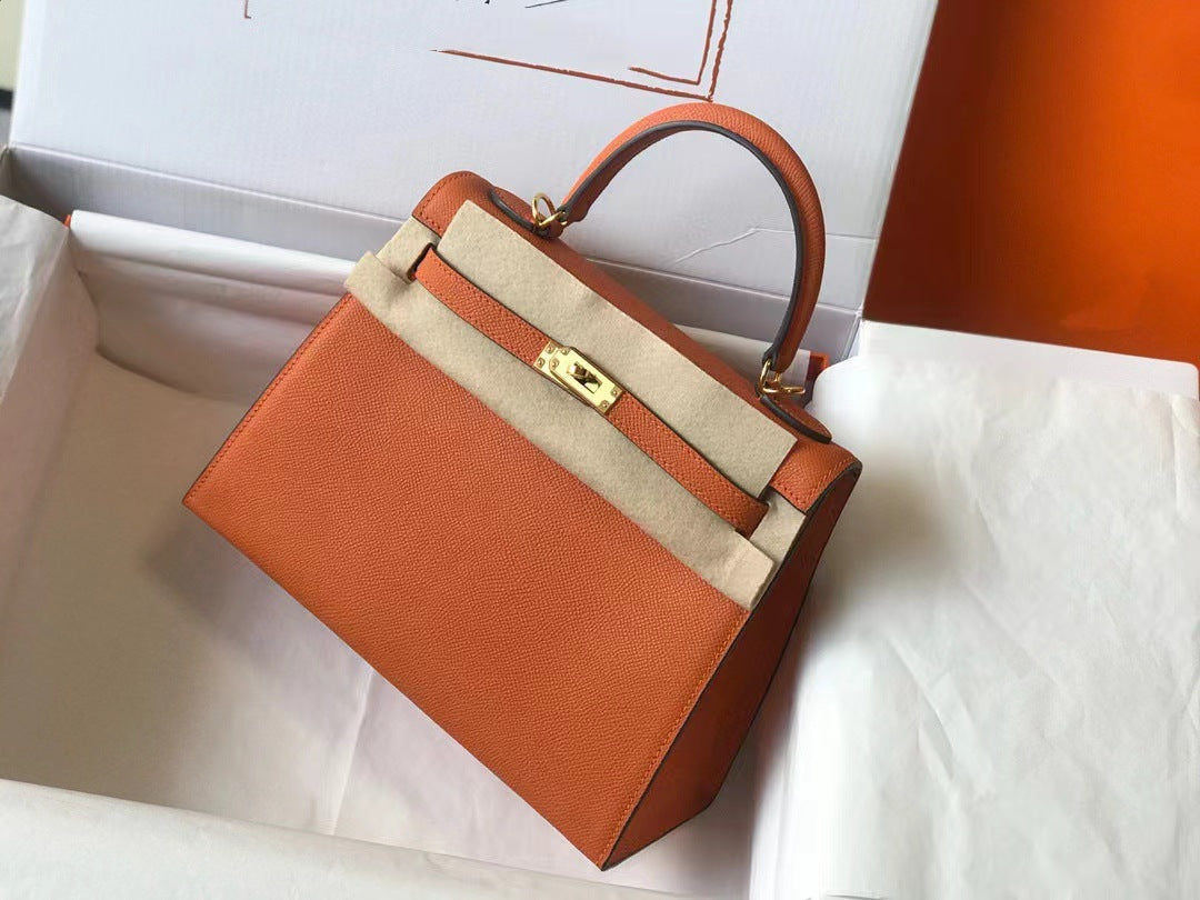 Genuine Epsom Calfskin Leather Kelly-Style 25/28 Top Handle Bag for Women, Premium Commute Handbag with Chic Fashionable Design for Ladies