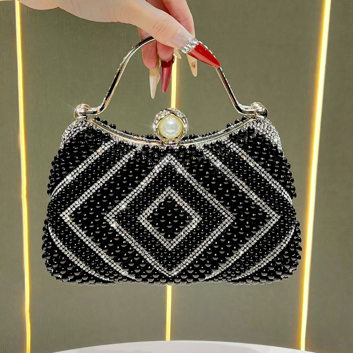 Elegant Pearl & Rhinestone Embellished Evening Bag for Women, A Light Luxury Chain Top-Handle Handbag with Exquisite Glamorous Design, Perfect for Banquets & Special Occasions