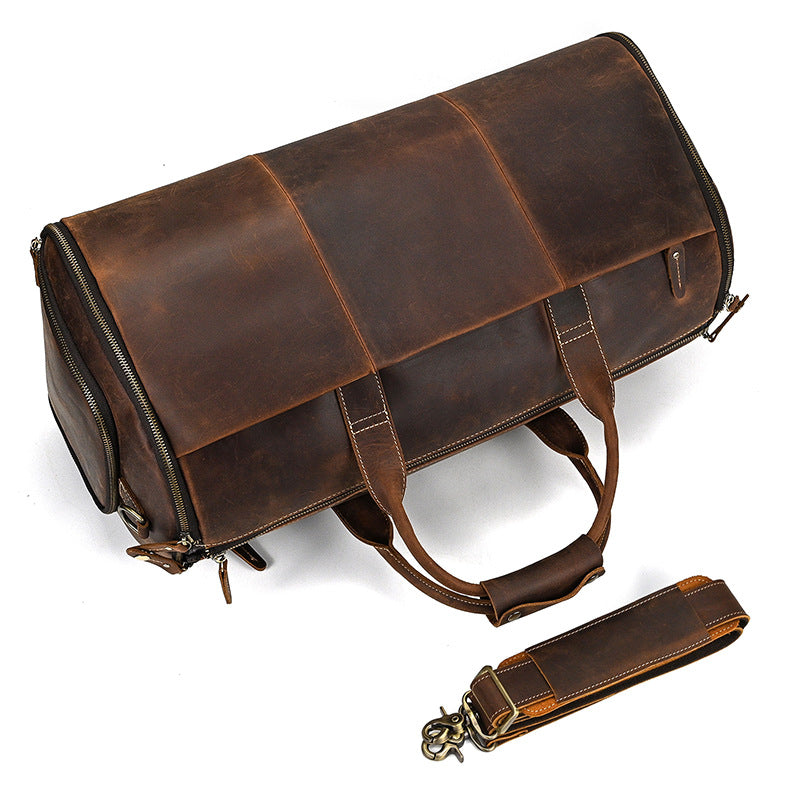 New Crazy Horse Leather Foldable Suit Travel Duffle, Wet-Dry Separated Garment Bag, Versatile Gym Weekender for Men