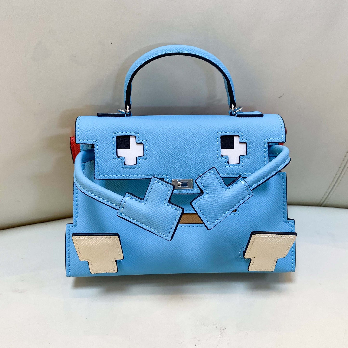 Genuine Leather Mosaic Doll Kelly-Style Bag for Women, Summer Bestseller Niche Designer Top Handle Shoulder Crossbody Purse, Cartoon Print Handbag for Ladies