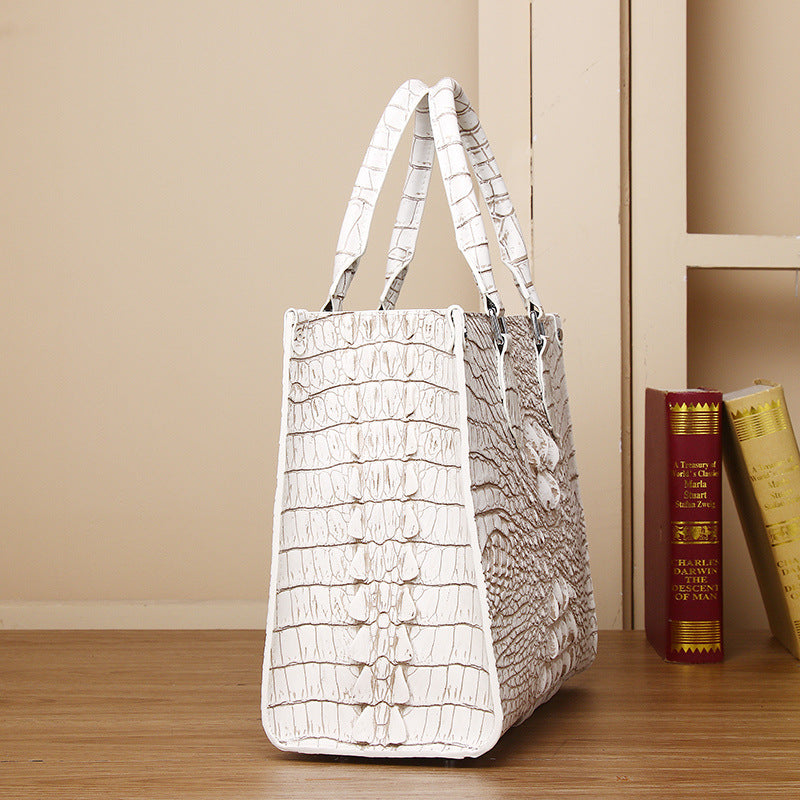 New Arrival Croc-Effect Genuine Leather Tote Bag in Himalayan White, A Large Capacity Mommy Bag with Distressed Finish, Perfect Everyday Tote for Women
