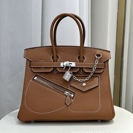 New Arrival Top-Layer Cowhide Leather Biker Birkin-Inspired Tote Bag for Women, Front Zipper Detail with Spacious Large Capacity, Versatile Top-Handle Crossbody Handbag for Everyday Style