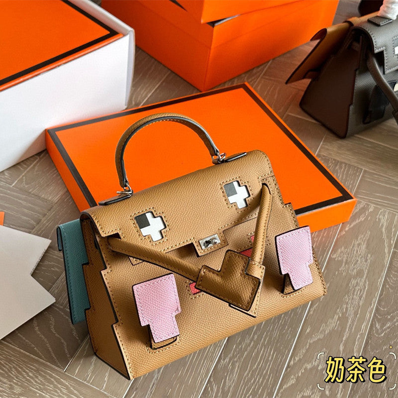 Genuine Leather Mosaic Doll Bag for Women Cross-Grain Cowhide Shoulder Crossbody Handbag, Cute Fashion Purse with Playful Design
