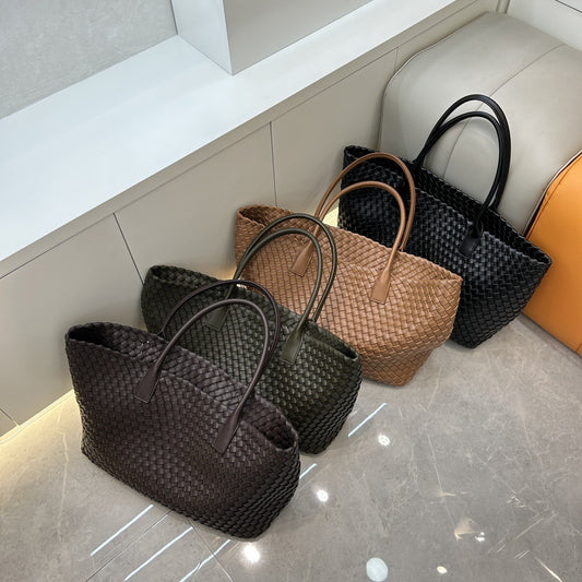 Leather woven vegetable basket cowhide tote large capacity underarm hand bag female