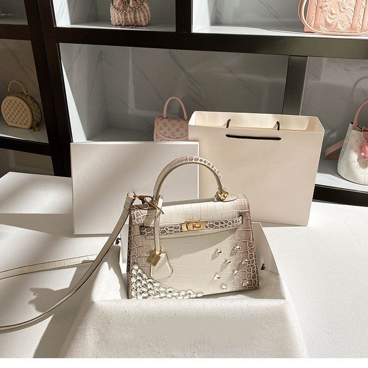 New Arrival Rhinestone-Embellished Croc-Effect Light Luxury Handbag for Women, Exquisite Birkin & Kelly-Inspired Top-Handle Purse with Heavy-Duty Sparkly Design, Fashionable Everyday Bag