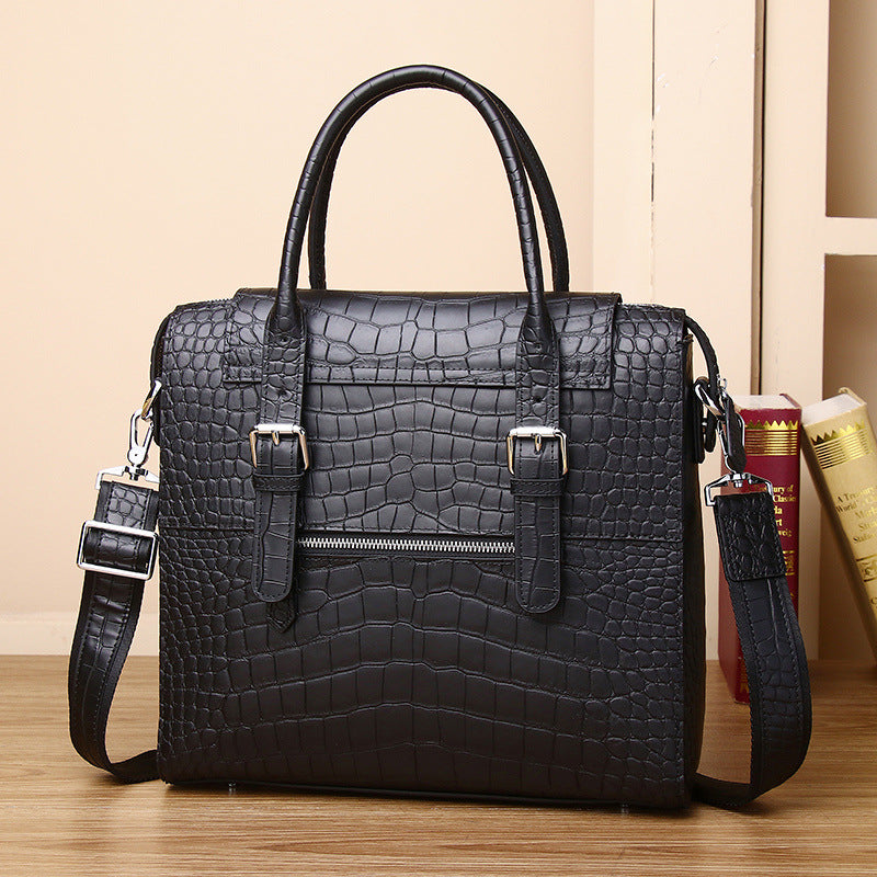 Genuine Leather Men's Laptop Crossbody Bag Large Capacity Multi-Compartment Business Handbag with Matte Crocodile Texture