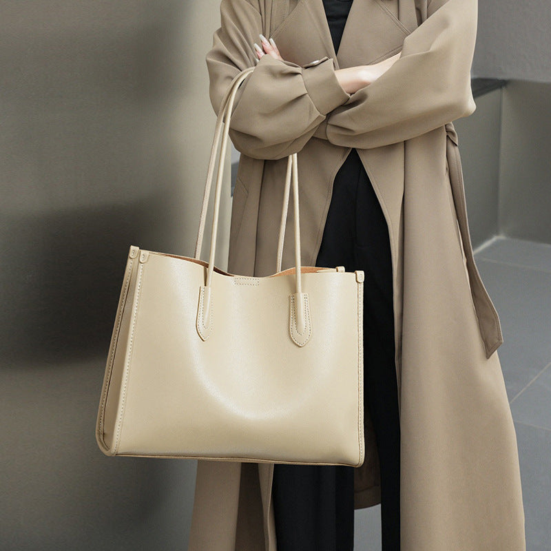 New Korean Style Genuine Leather Large Tote Bag, Premium Commute Shoulder Handbag, Spacious Everyday Purse for Women