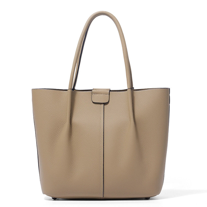Top Layer Cowhide Bucket Tote Bag for Women Large Capacity Commuter Shoulder Handbag, Minimalist Bestselling Purse with Premium Leather Finish