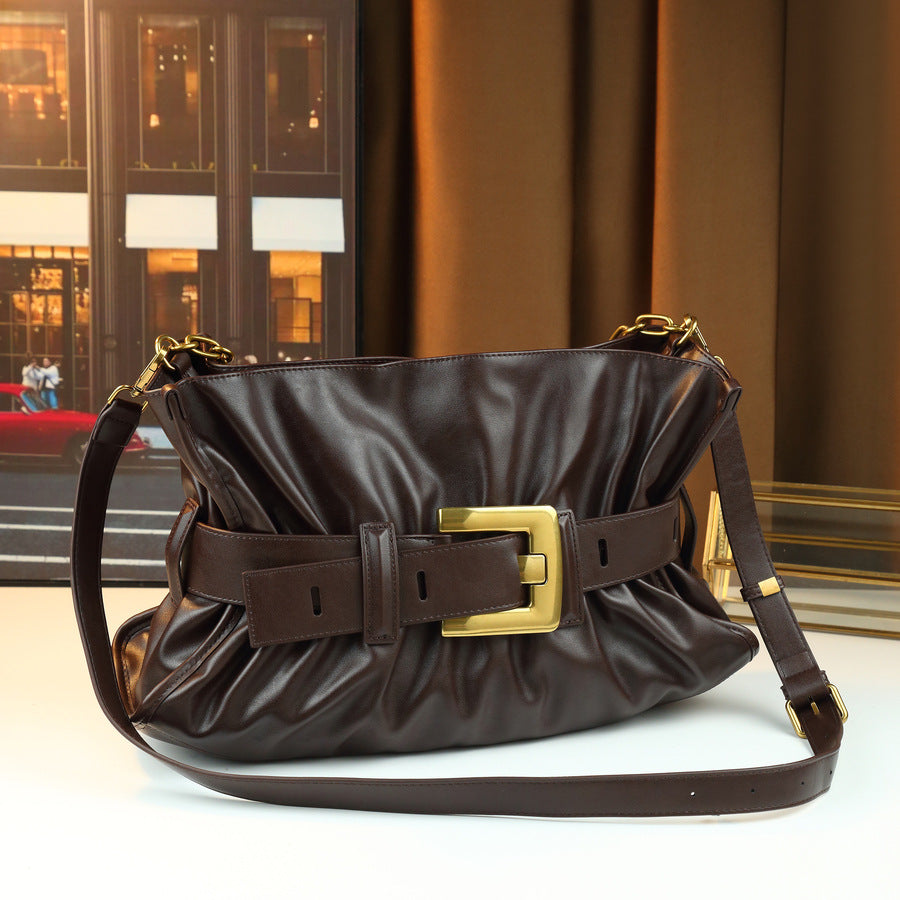 Metal Belt Buckle Pleated Cloud Bag for Women Large Capacity Shoulder Underarm Handbag, Creative Hardware Purse with Versatile Style