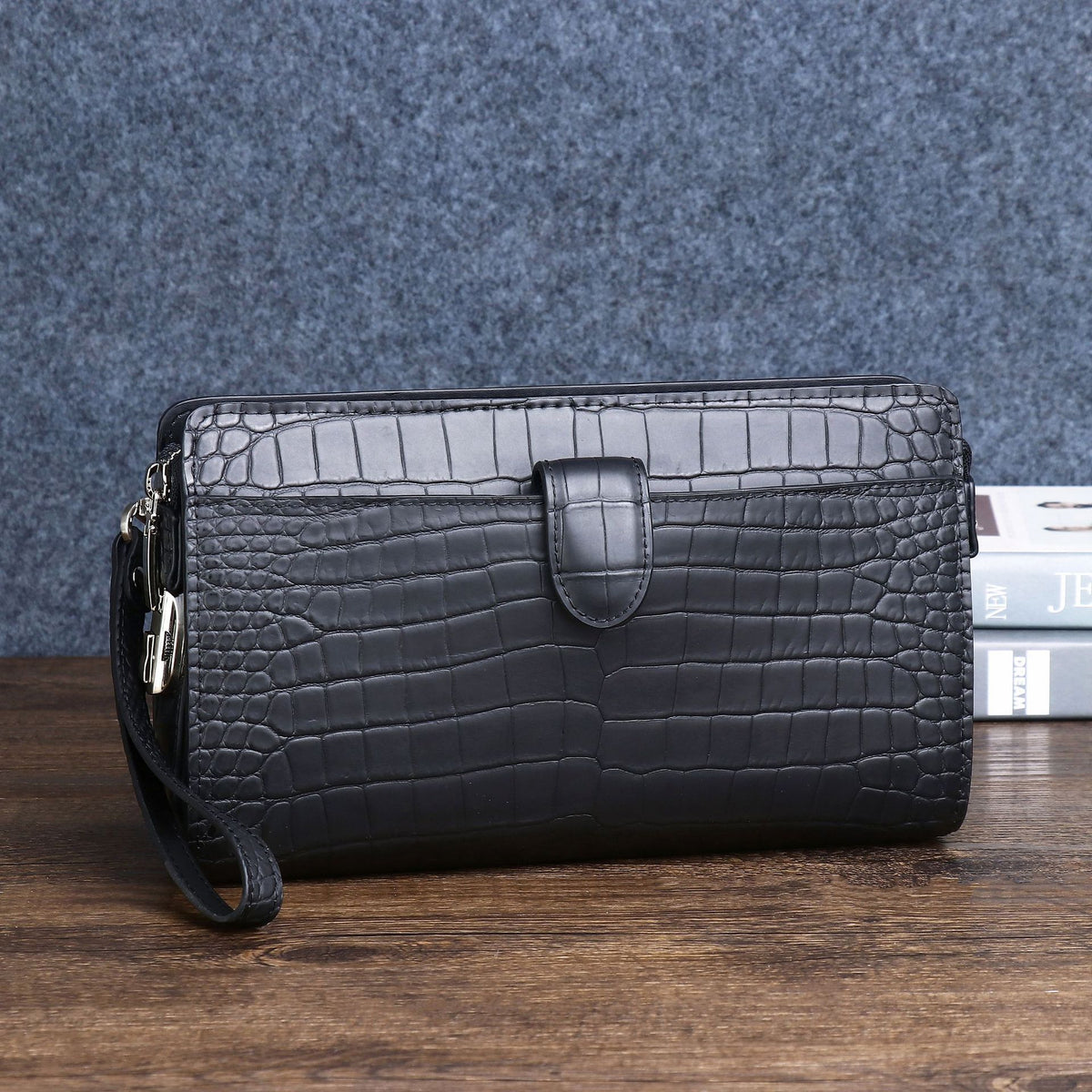 New Arrival Matte Black Croc-Effect Large Clutch for Men, A Business Document Organizer with Combination Lock & Multiple Card Slots, Multi-Functional Wallet