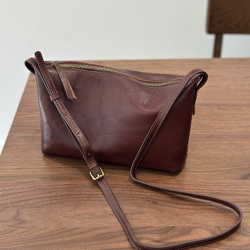 Genuine Top Layer Vegetable-Tanned Cowhide Crossbody Bag for Women, Spring Summer Lightweight Dumpling Shoulder Purse, Versatile Small Everyday Handbag for Ladies