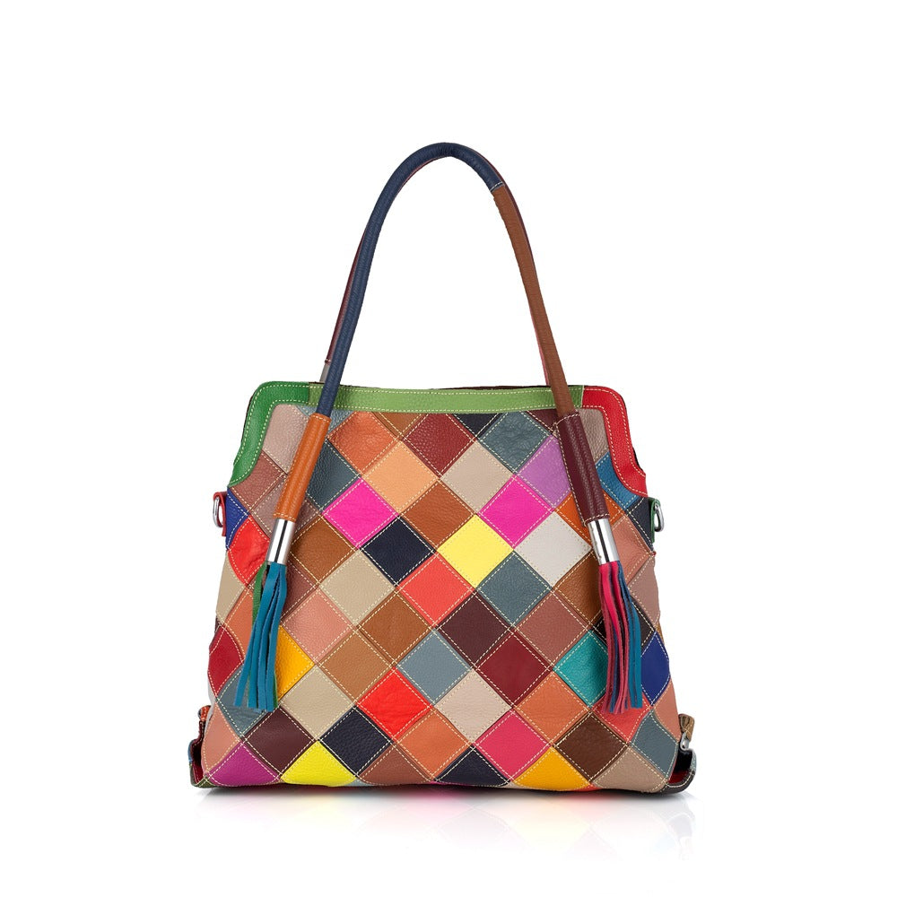 Genuine Cowhide Color Block Tote Bag for Women, New Niche Designer Handmade Pattern Shoulder Purse, Trendy Everyday Handbag for Ladies