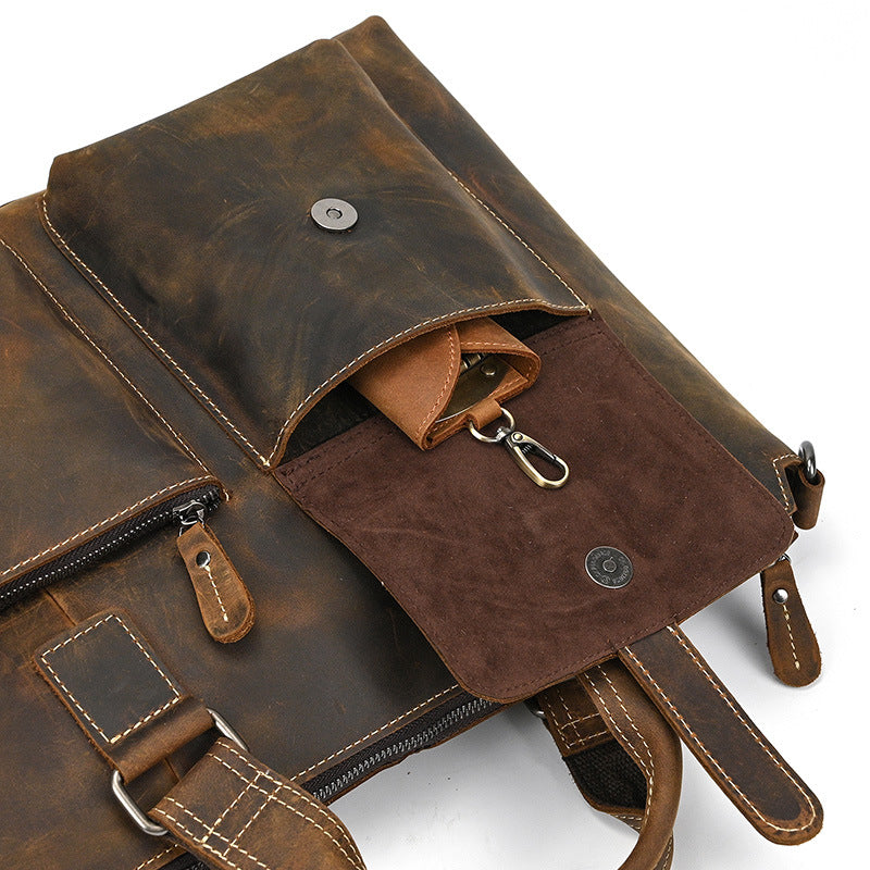Genuine Crazy Horse Leather Business Briefcase for Men, Casual Crossbody Shoulder Top Handle Bag, Multifunctional Laptop Work Bag for Gentlemen