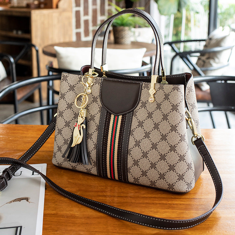 Elegant Monogram Print Tote Bag for Women | Light Luxury Large Top-Handle Handbag with Trendy Tassel Accent | Spacious High-End Carryall for Work, Errands & Travel | New Statement Purse with Sophisticated Finish & Timeless Appeal