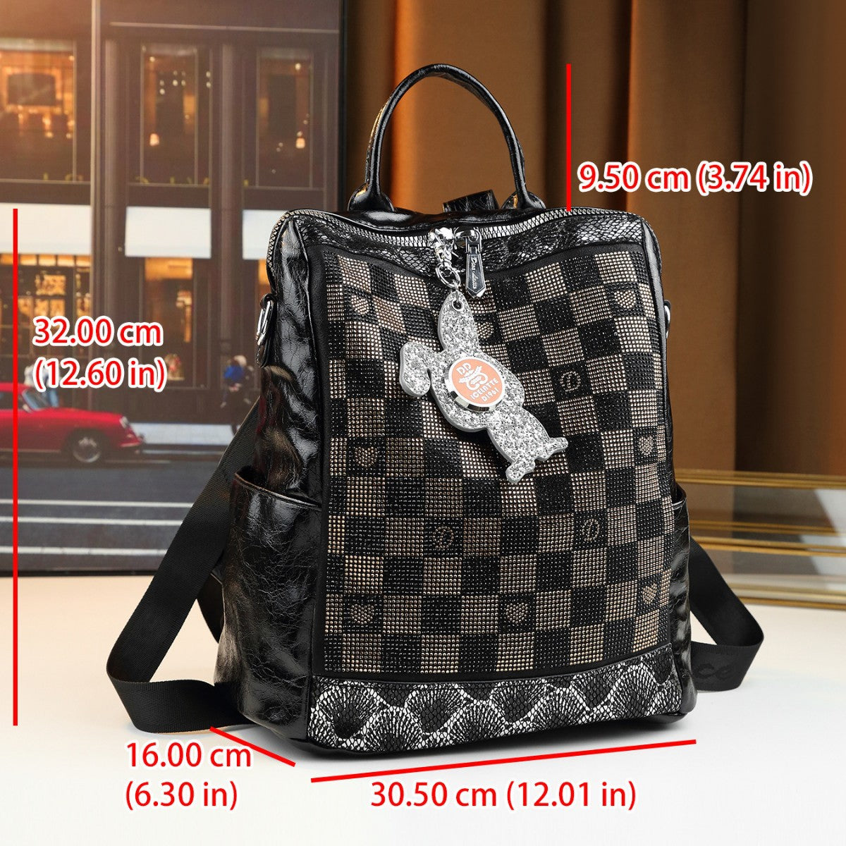 Checkerboard Rhinestone Backpack for Women Large Capacity Travel Daypack, Sparkly Checkered Purse with Trendy Going-Out Style