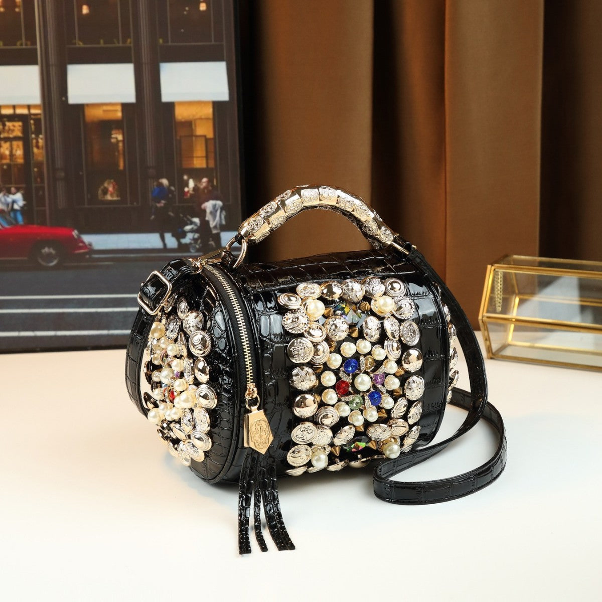 Handmade Beaded Stud Cylinder Bag for Women Shoulder Crossbody Handbag, Personality Fashion Purse with Unique Embellished Design