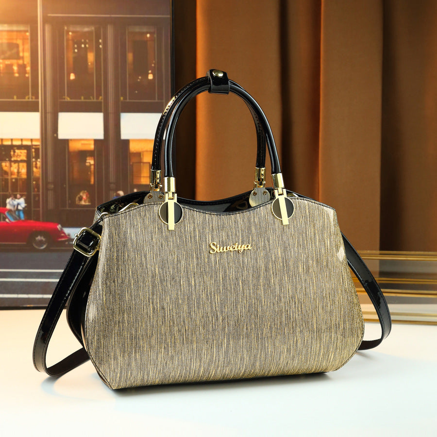 Gold-Tone Patent Leather Boston Bag for Women Large Capacity Shoulder Handbag, Vintage Luxurious Purse with Glossy Metallic Finish for Moms