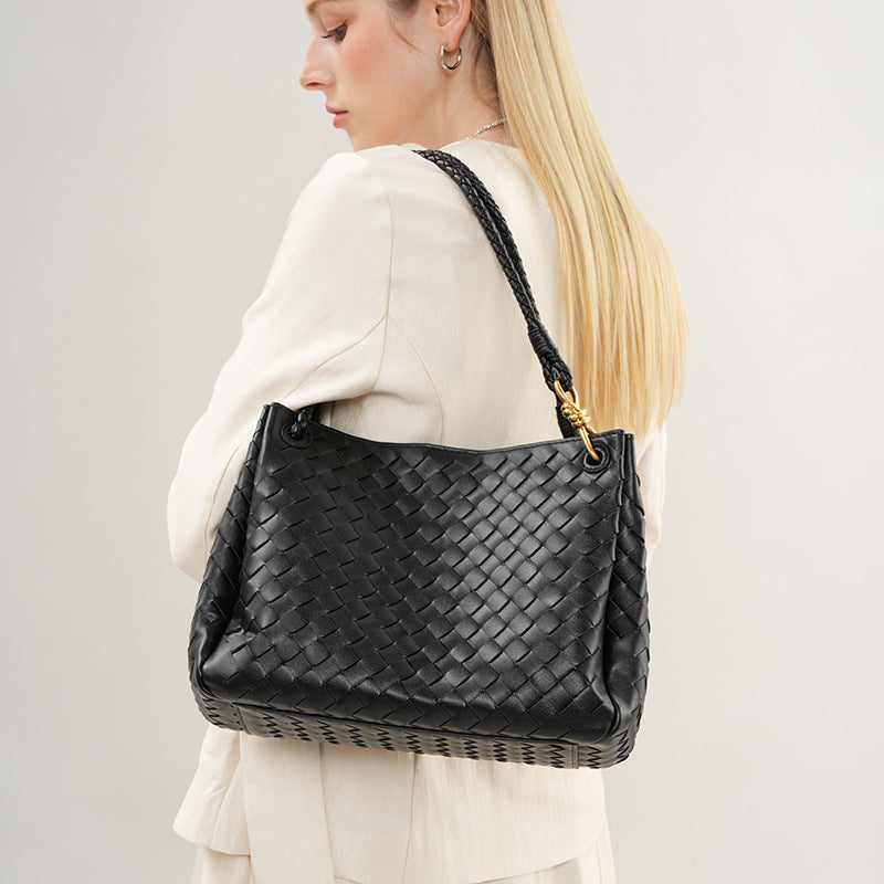 Handwoven Cowhide Large Capacity Tote, Niche Underarm Shoulder Top Handle Bag, Casual Fashion Cross-Border Handbag for Women