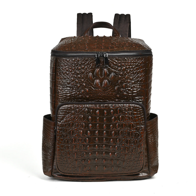 Men's Vintage Crocodile Embossed Waxed Leather Backpack Genuine Top Layer Cowhide Casual Minimalist Travel Laptop Bag