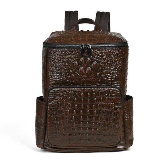 Men's Vintage Crocodile Embossed Waxed Leather Backpack Genuine Top Layer Cowhide Casual Minimalist Travel Laptop Bag