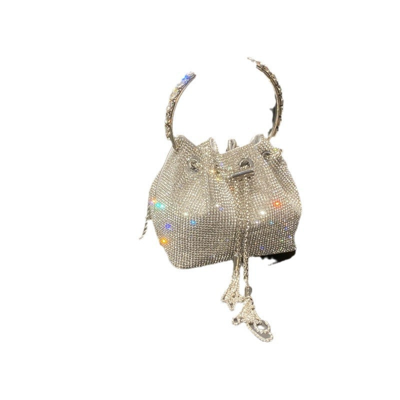 New Rhinestone Bucket Bag with Round Handle, Chain Shoulder & Crossbody Small Diamond Bag