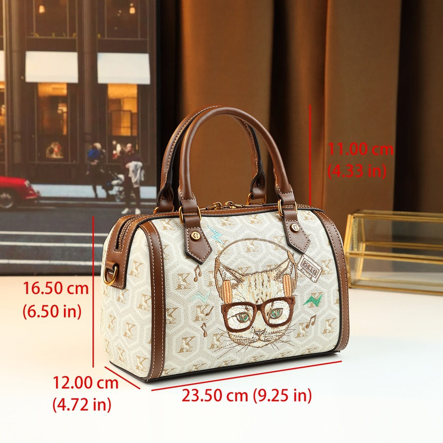 Cat Print Pillow Bag for Women Light Luxury Vintage Shoulder Handbag, Artistic Retro Purse with Playful Feline Design