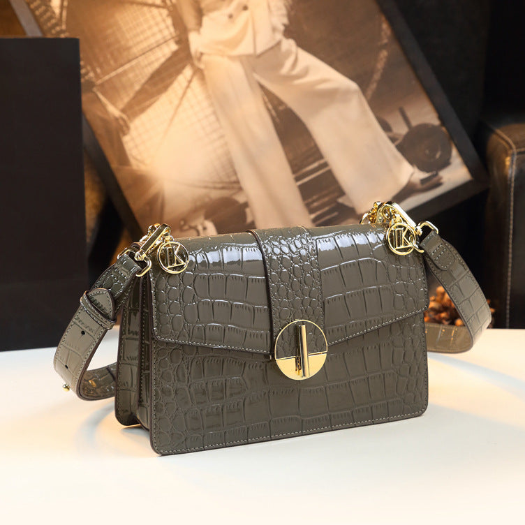 New Arrival Croc-Effect Genuine Leather Small Square Bag for Women, A Patent Leather Top-Handle Crossbody Shoulder Handbag with Fashionable Stylish Design