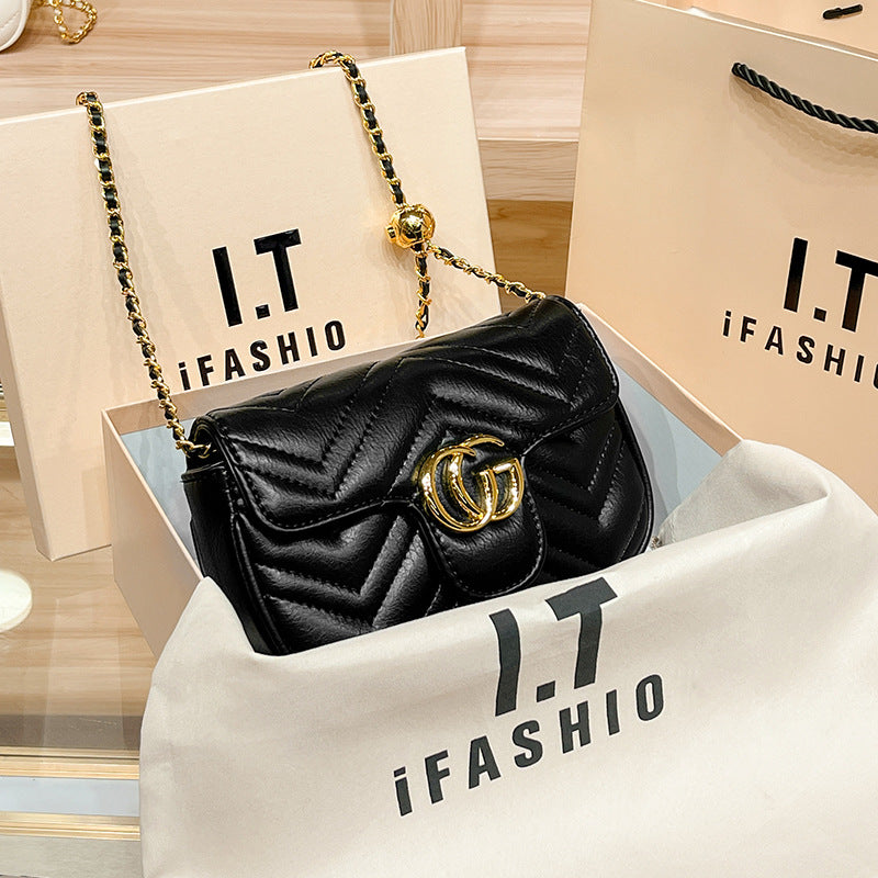 Genuine Leather Gold Ball Quilted Chain Shoulder Crossbody Bag for Women, Summer Stylish Handbag with Hong Kong Brand Vibe, Trendy Everyday Purse for Ladies