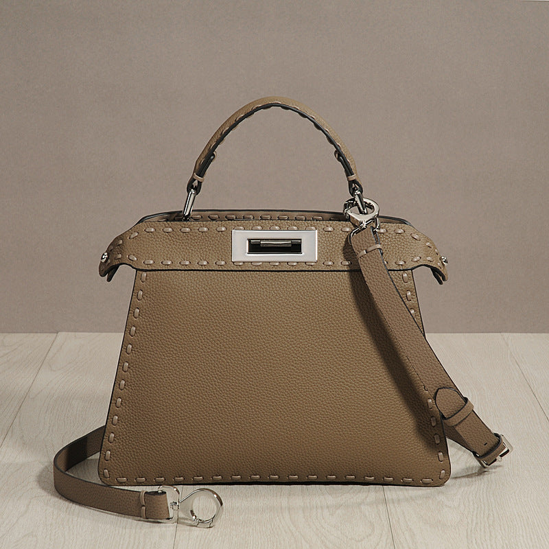 Genuine Top Layer Cowhide Hand-Stitched Waxed Thread Bag for Women, New Accordion Crossbody Shoulder Top Handle Purse, Casual Everyday Handbag for Ladies