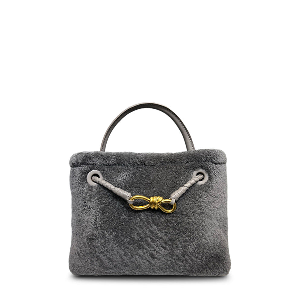 New Fall/Winter Lamb Wool Woven Tote with Metal Buckle, Vintage Large Commuter Shoulder & Crossbody Bag for Women