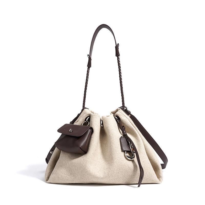 New Linen & Leather Drawstring Cloud Bag, Minimalist Casual Shoulder Crossbody Purse, Premium Versatile Handbag for Women
