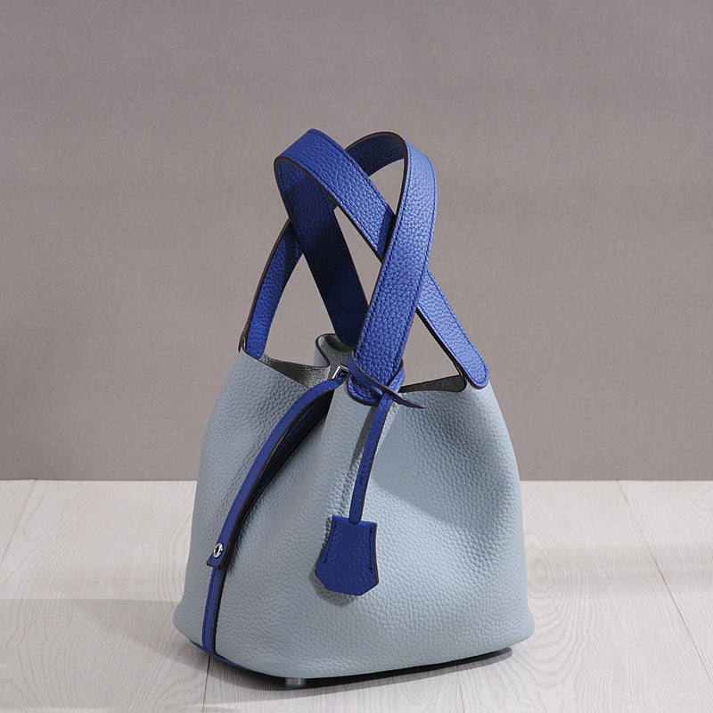 Genuine Top Layer Pebbled Cowhide Leather Bucket Bag for Women, New Fashionable Basket Mini Top Handle Handbag, Trendy Casual Purse for Ladies