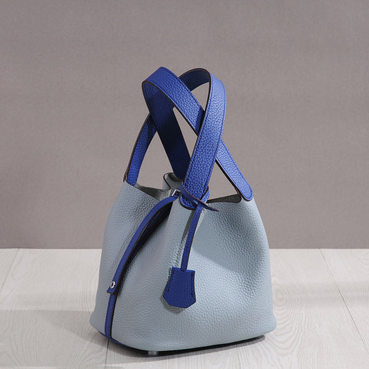 Genuine Top Layer Pebbled Cowhide Leather Bucket Bag for Women, New Fashionable Basket Mini Top Handle Handbag, Trendy Casual Purse for Ladies