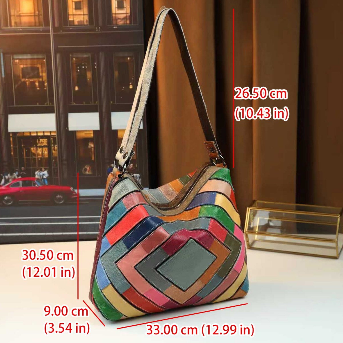 Geometric Grid Genuine Leather Patchwork Tote Bag for Women Colorful Shoulder Crossbody Handbag, Trendy Korean Style with Ethnic Boho Design