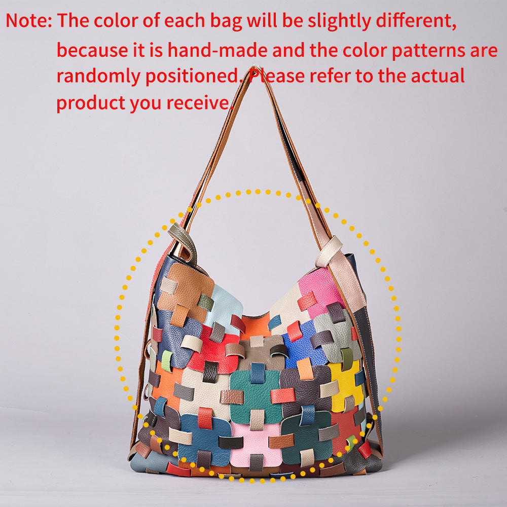 Premium Handcrafted Color-Block Leather Basket Bag for Women | Genuine Leather 2-in-1 Convertible Shoulder Backpack with Vibrant Multi-Color Patchwork | Trendy Casual Everyday Purse for Travel, Shopping & Errands | Unique Artistic Handbag with Versat