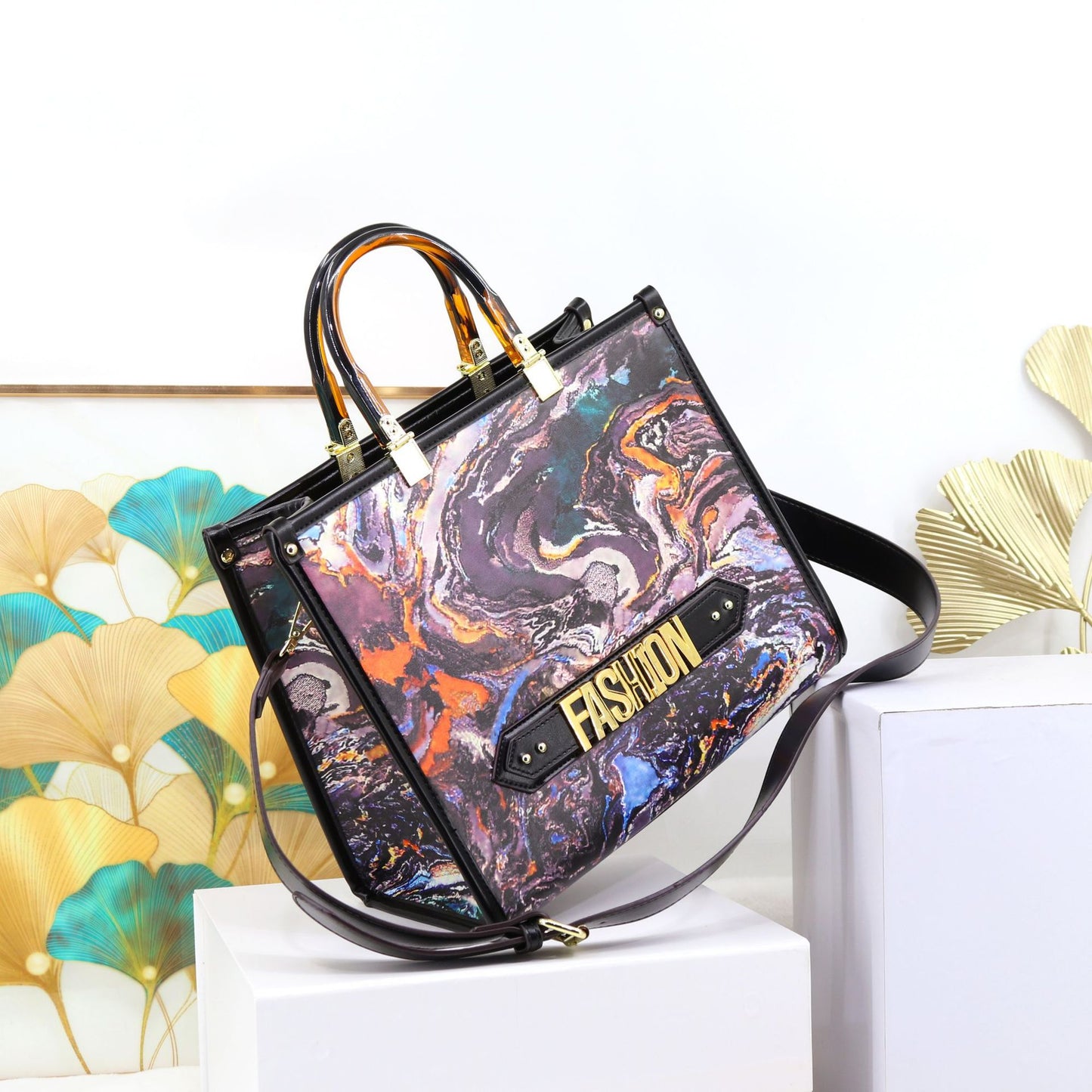 Genuine Leather Large Capacity Tote Bag for Women, Fashion "FASHION" Letter Print Top Handle Handbag, Stylish Ladies Tote Purse