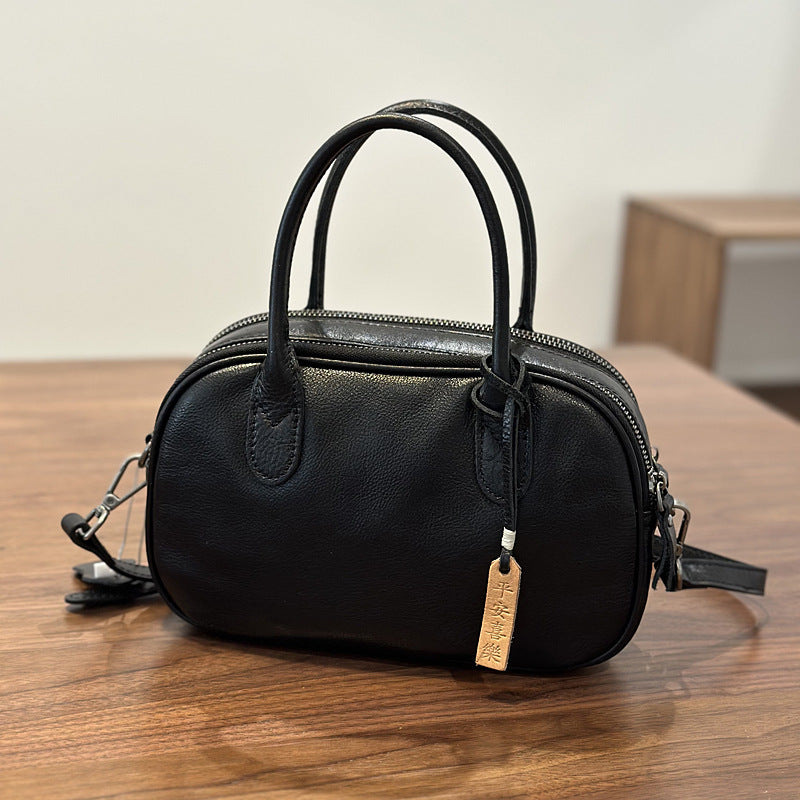 Genuine Top Layer Cowhide Handbag for Women, Fall Winter Academic Vintage Commute Shoulder Crossbody Bag, Minimalist Japanese Style Purse for Ladies