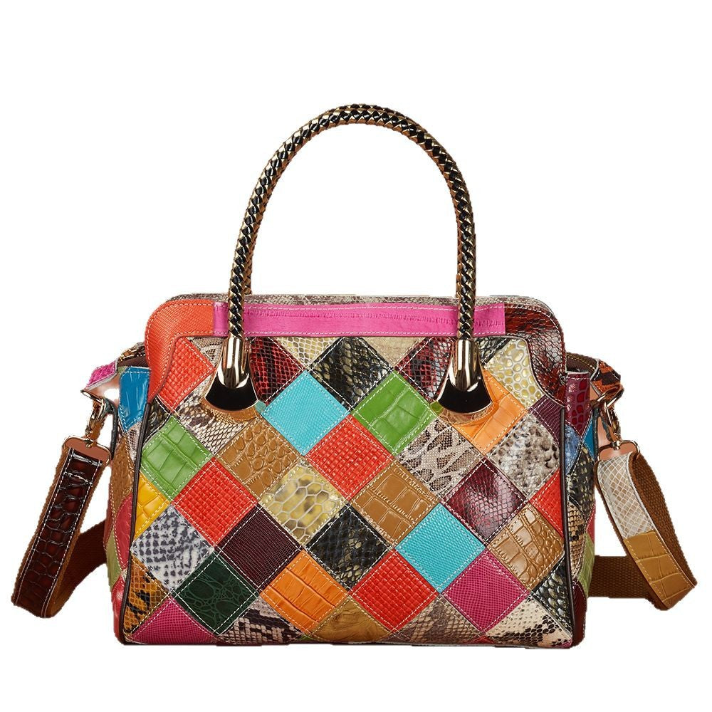 Genuine Leather Vintage Handmade Color Block Plaid Snakeskin Handbag for Women, Top Handle Crossbody Purse, Unique Retro Designer Bag for Ladies