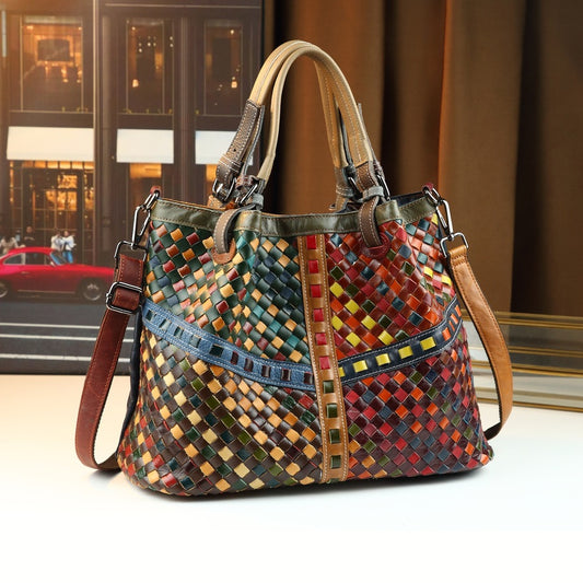 Vintage Woven Tote Bag for Women Top Layer Cowhide Large Capacity Shoulder Crossbody Handbag, Fashion Purse with Artisan Texture