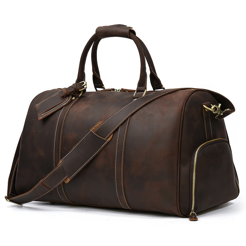 Vintage Crazy Horse Leather Large Capacity Travel Duffle with Shoe Compartment, Top Handle Gym Bag, Premium Cowhide Weekender for Men