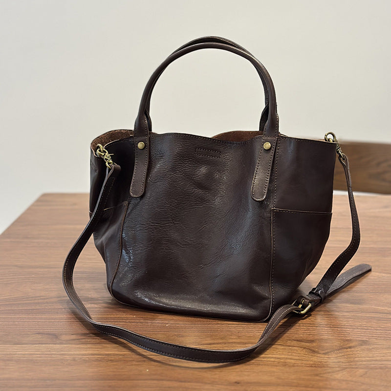 Handmade Cowhide Large Capacity Shopping Tote Bag for Women, Vintage Bucket Shoulder Crossbody Top Handle Purse, Genuine Leather Handbag for Ladies