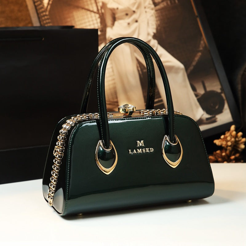 Women's Patent Leather Handbag Shiny Shoulder Crossbody Bag for Middle-Aged Ladies Fashion Mom Purse Light Luxury Top Handle Clasp Bag